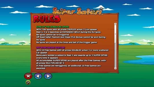 General game rules for the King of the Jungle Re-spins and Off Road Safari Feature.