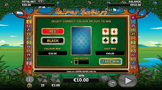 Gamble feature is available after each winning spin. Select color or suit to play.