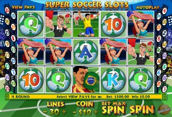 Main game board based on a soccer sporting theme, featuring five reels and 30 paylines with a $250,000 max payout