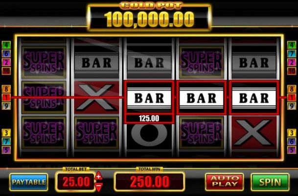 A pair of winning paylines triggers a 250.00 jackpot.