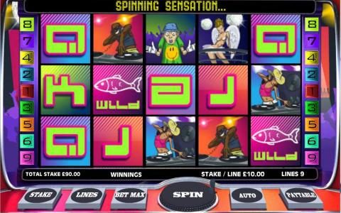 Main game board featuring five reels and 9 paylines with a $10,000 max payout