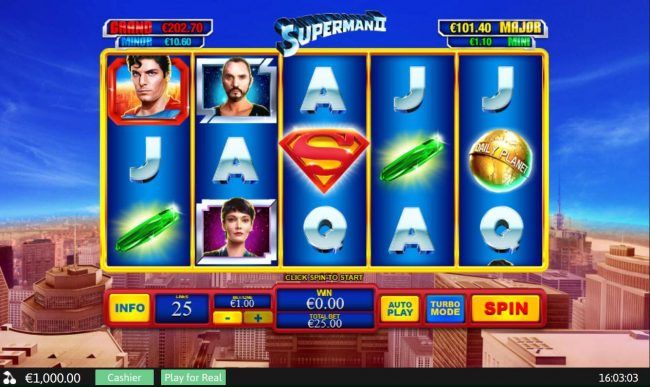 A superhero themed main game board featuring five reels and 25 paylines with a progressive jackpot max payout