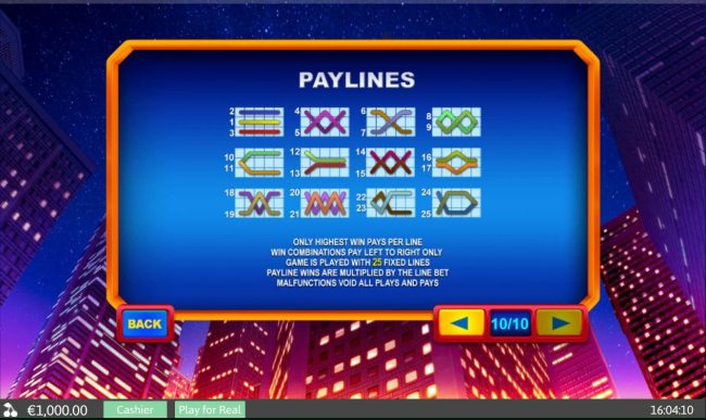 Payline Diagrams 1-25. Only highest win pays per line. Win combinations pay left to right only. Game is played with 25 fixed lines. Payline wins are multiplied by the line bet.