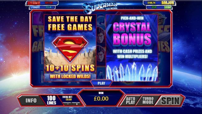 Game feature include: Save the Day Free Games with locked wilds and Pick and Win Crystal Bonus.
