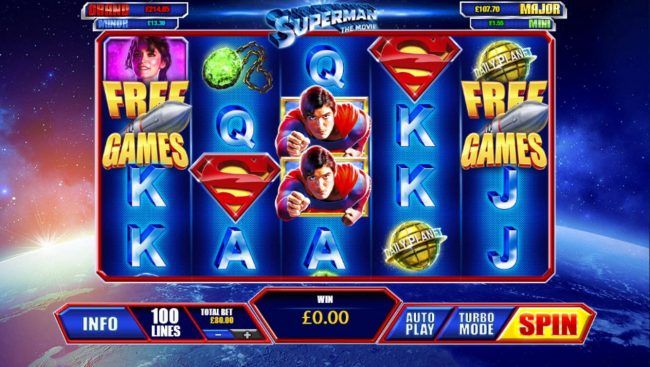 A comic book superhero themed main game board featuring five reels and 100 paylines progressive jackpots max payout.