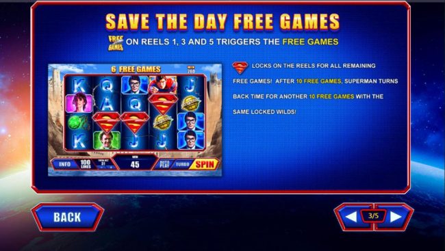Free Games symbols on reels 1, 3 and 5 triggers the Save the Day Free Games.