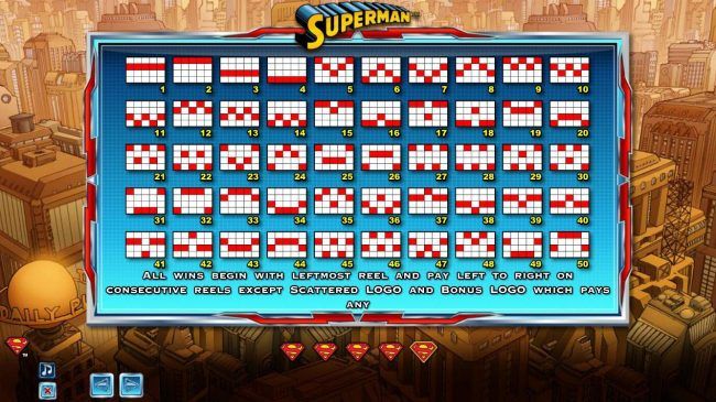 Payline Diagrams 1-50. All wins begin with leftmost reel and pay left to right on consecutive reels except scattered logo and bonus logo which pays any.