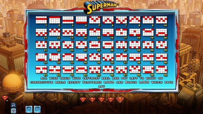 Payline Diagrams 1-50. All wins begin with leftmost reel and pay left to right on consecutive reels except scattered logo and bonus logo which pays any.