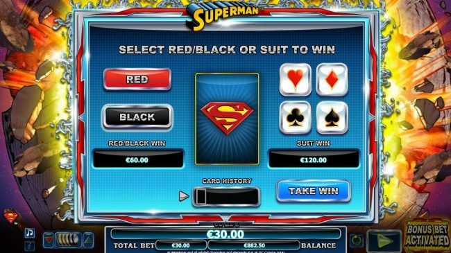 Gamble feature game board is available after every winning spin. For a chance to increase your winnings, select the correct color or suit of the next card or take win.