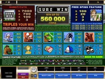 paytable, wild and free spins feature rules