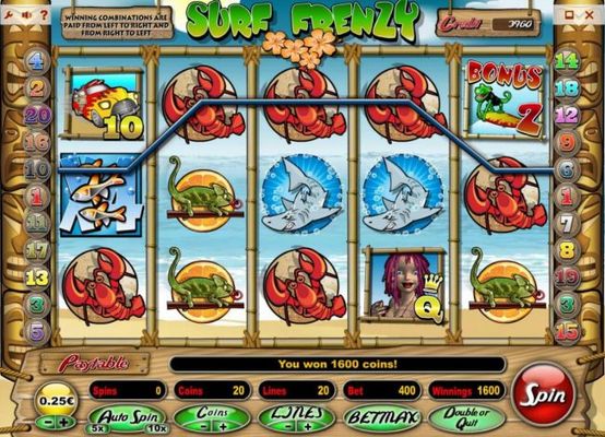 An x4 multiplier combines witha lobster four of a kind producing a 1600 coin jackpot award.