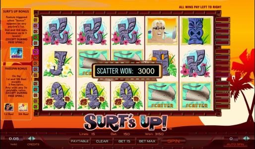 four scatter symbols triggers a 3000 coin big win jackpot