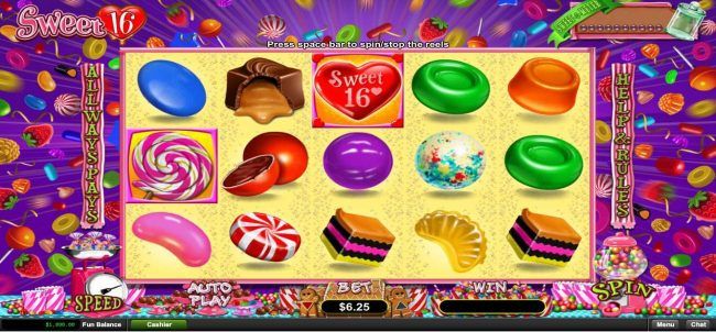 A candy themed main game board featuring five reels and 243 ways to win with a $312,500 max payout