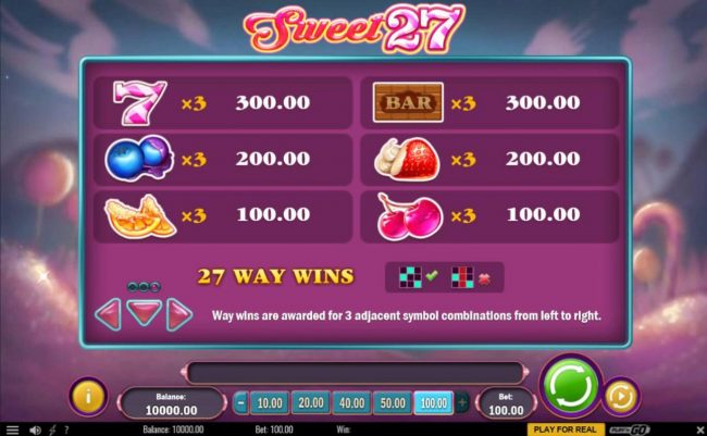 Slot game symbols paytable and 27 ways to win.