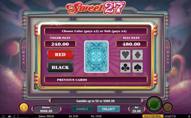 Gamble Feature Rules - The feature is available after each winning spin. Last win amount becomes your stake in the Gamble game. Your goal is to guess the color or suit of the next card.