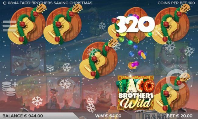 Multiple winning combinations of guitar symbols leads to a 320 coin jackpot.