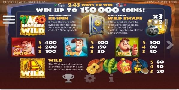 Slot game symbols paytable - 243 ways to win - Win up to 150,000 coins! Wild symbols is represented by the Taco Brothers game logo and a gold bell. The scatter symbol for this game is depiocted by a safe, 3 safe symbols start the free spins bonus game.