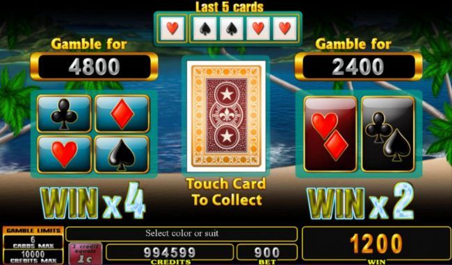 Gamble Feature - To gamble any win press Gamble then select Red or Black or Suit