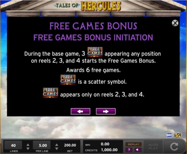 3 or more free games symbols appearing any position on reels 2, 3 and 4 starts the free games bonus. Awards 6 free games.