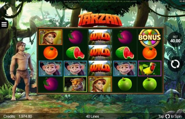 A jungle themed main game board featuring five reels and 40 paylines with a $110,000 max payout