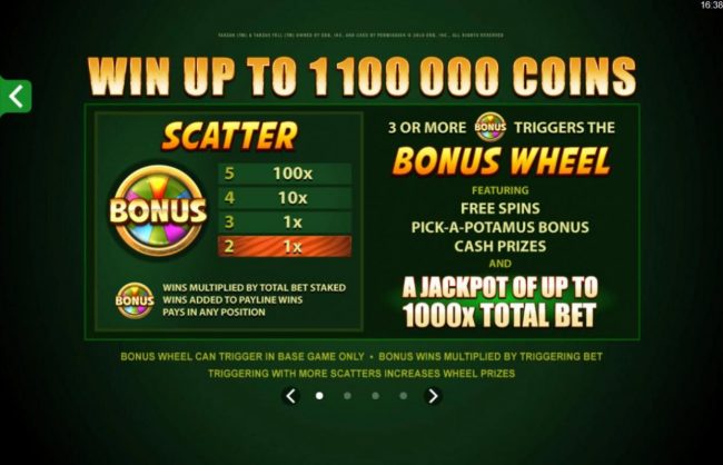 Win up to 1,100,000 coins! 3 or more bonus scatter symbols triggers the Bonus Wheel featuring Free Spins, Pick-A-Potamus Bonus and Cash Prizes and a Jackpot of up to 1000x total bet.