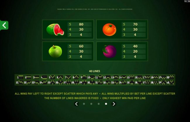 Low value game symbols paytable and payline diagrams 1 to 40.