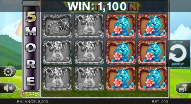 An 1,100 coin jackpot triggered by multiple winning symbols combinations.