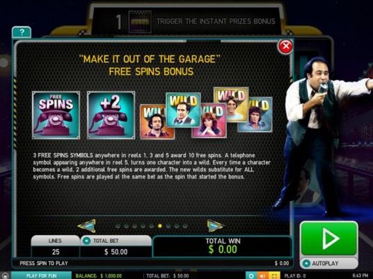 Make It Out Of The garage Free Spins Bonus - 3 free spins anywhere in reels 1, 3 and 5 award 10 free spins.