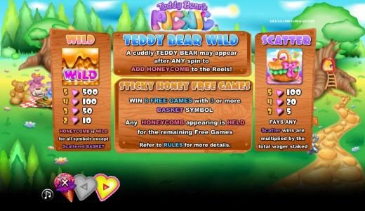 wild, scatter, teddy bear wild and sticky honey free games paytable