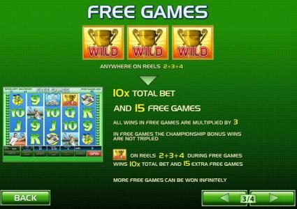 3 wild symbols antwhere on reels 2+3+4 triggers free games