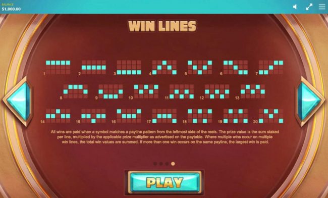 Payline Diagrams 1-20. All wins are paid when a symbol matches a payline pattern from the leftmost side of the reels.