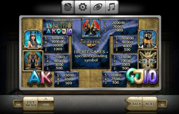 Slot game symbols paytable - high value symbols include the scatter symbol, goddess of cats and a black cat.