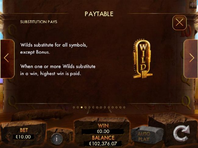 Substitution Pays - Wilds substitute for all symbols, except Ankh bonus. When one or more wilds substitute in a win, highest win is paid.