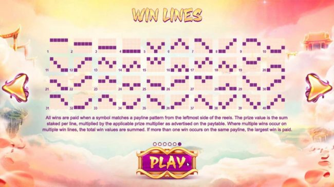 Payline Diagrams 1-40. All wins are paid when a symbol matches a payline pattern from leftmost side of the reels. The prize value is the sum staked per line, multiplied by the applicable prize multiplier as advertised on the paytable.