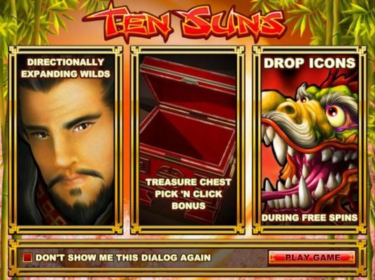 Game features include: Directional Expanding Wilds, Treasure Chest Pick N Click Bonus and Drop Icons during Free Spins.