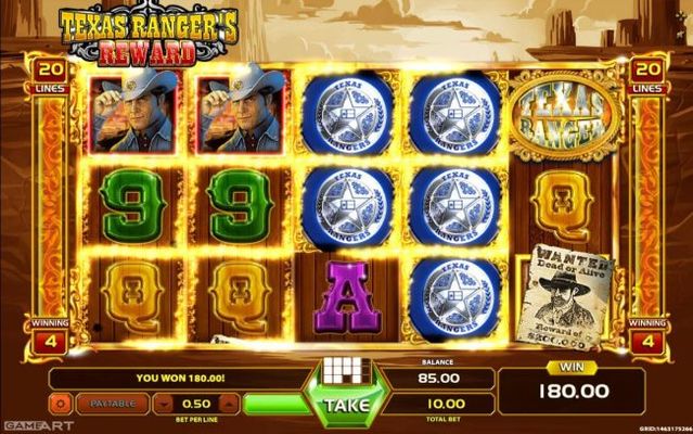 A 180.00 jackpot triggered by multiple winning paylines.