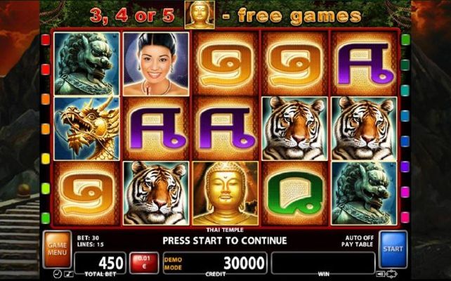 A Thai culture themed main game board featuring five reels and 15 paylines with a $300,000 max payout