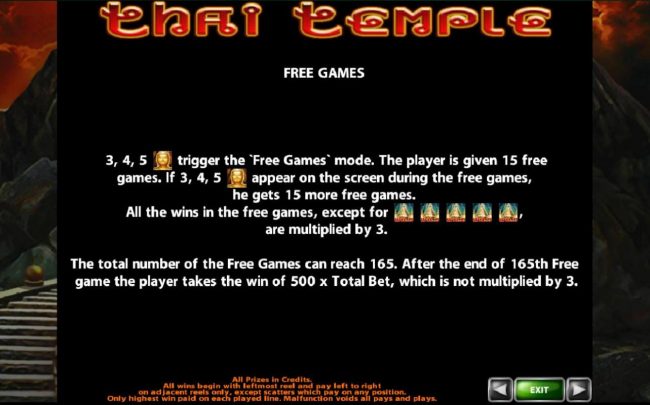 Free Games - 3 or more Buddha scatter symbols trigger the free games feature awarding 15 Free Games.