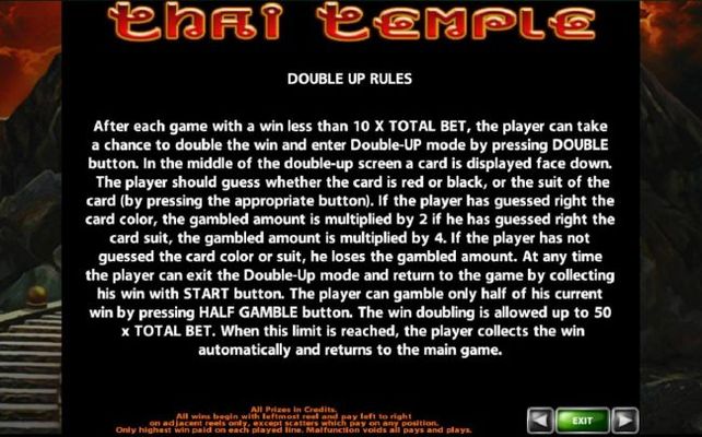 Double Up Rules - The player can double up their winnings after a winning round.