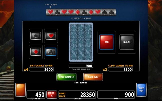 Gamble Feature - To gamble any win press Gamble then select color or a suit.