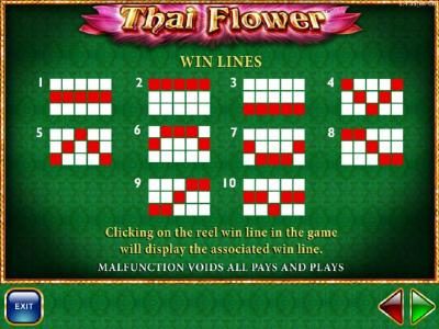 Payline Diagrams 1-10 Clicking on the reel win line in the game will display the associated win line. Wins that occur on all selected lines are added to the total win.