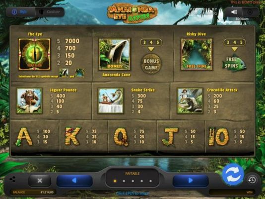 Slot game symbols paytable.