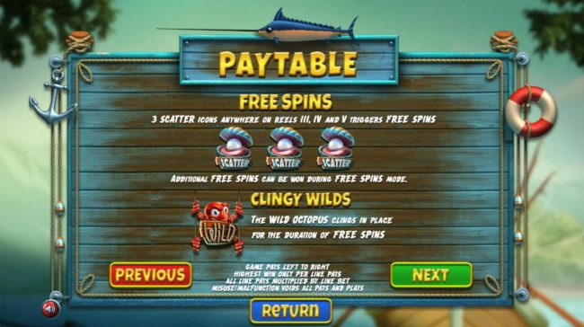 Free Spins Rules - 3 scatter icons anywhere on reels 3, 4 and 5 triggers free games with clingy wilds.