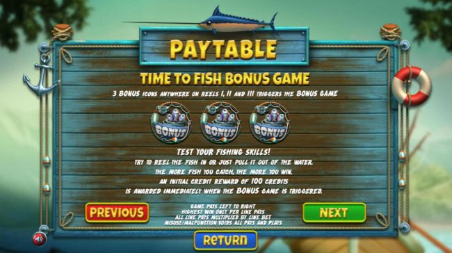 Time To Fish Bonus Game Rules - 3 bonus icons anywhere on reels 1, 2 and 3 triggers the Bonus Game.