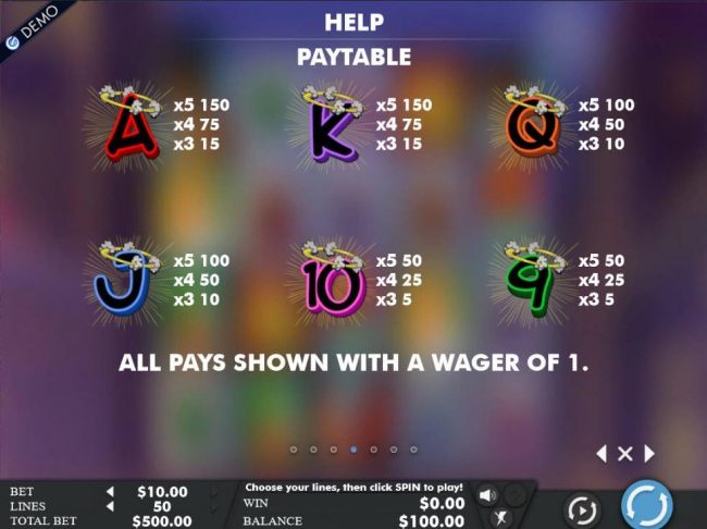 Low value game symbols paytable.