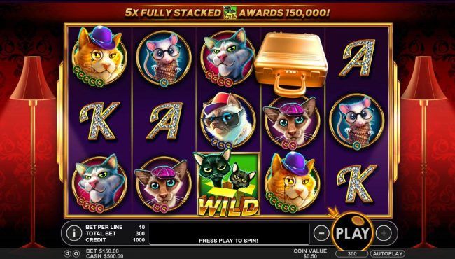 A frisky feline themed main game board featuring five reels and 30 paylines with a $25,000 max payout