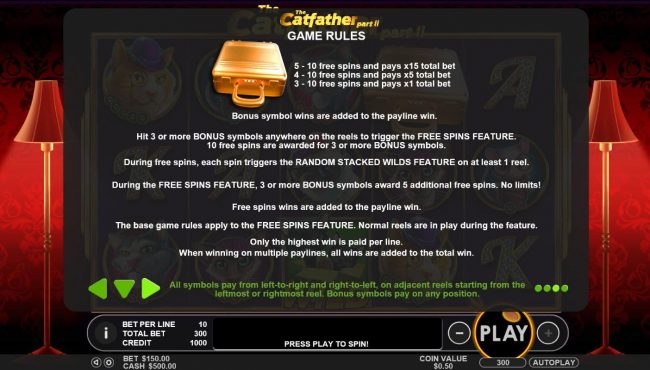 The Gold Briefcase is the game scatter symbol. Hit 3 or more Gold Briefcase bonus symbol anywhere on the reels to trigger the Free Spins feature. 10 Free Spins are awarded for three or more bonus symbols.