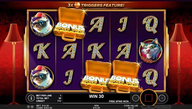 Landing three or more Gold Briefcase scatter symbols anywhere on the reels triggers the Free Spins Bonus feature.