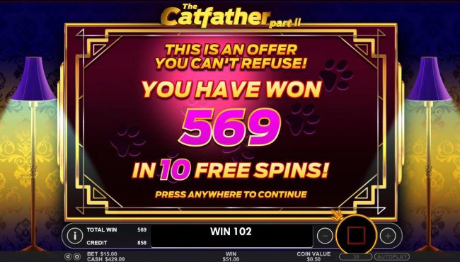 The Free Spins total payout is 569 credits for a big win!