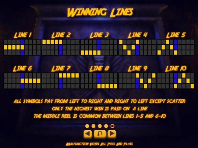 Payline diagrams 1-10. All symbols pay from left to right and right to left except scatter. Only the highest win is paid on a line.